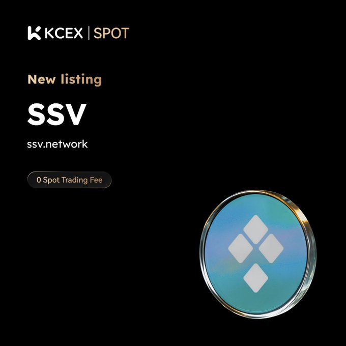 A black promotional graphic from KCEX announcing a new spot listing for SSV (ssv.network) with a 0 Spot Trading Fee, featuring the blue SSV Network logo.