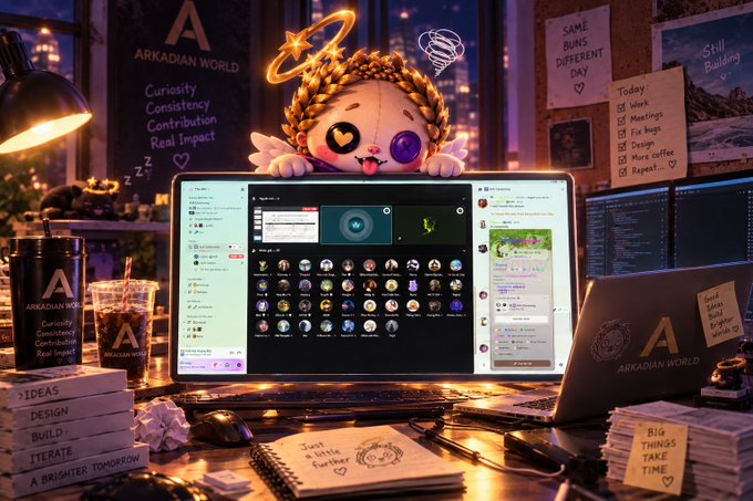 A cozy digital illustration of a character plush toy with a halo sitting on top of an open laptop displaying social media feeds, surrounded by books, notes, and a mug branded with 'ARKADIAN WORLD'.