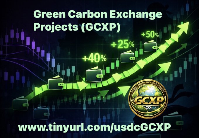 A promotional graphic for "Green Carbon Exchange Projects (GCXP)" showing an upward green trend graph with increases of +25%, +40%, and +50%, and a link "www.tinyurl.com/usdcGCXP."