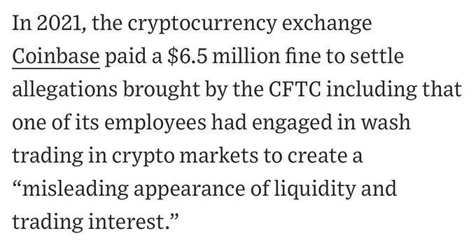 The image contains a short text excerpt about Coinbase's 2021 settlement: the company paid a $6.5 million fine to resolve CFTC allegations that one of its employees engaged in wash trading in crypto markets to create a "misleading appearance of liquidity and trading interest."

The image supports the accompanying post by serving as concrete evidence of the referenced $6.5 million Coinbase fine for wash trading, which the poster uses as a cautionary example for Kalshi — suggesting that a similar trading incident could cost the company millions in regulatory penalties.