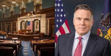 Split image of a stately legislative chamber interior on the left and a formal portrait of a man in a dark suit and pink tie standing before an American flag on the right.