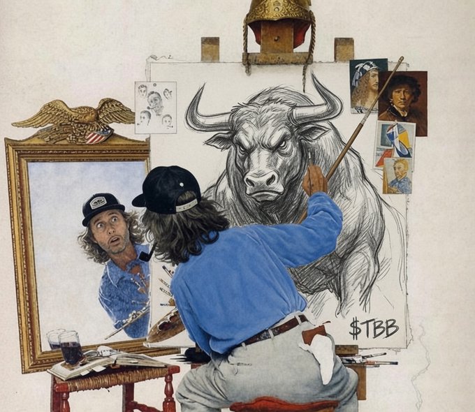 An illustration by '$TBB' shows an artist from behind painting a bull, with his shocked reflection visible in a mirror adorned with an eagle and American flag.