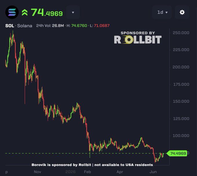 The image shows a chart or graph, likely representing the value of a cryptocurrency over time, such as Bitcoin. The graph has a steep downward slope indicating a decrease in the coin's value, possibly suggesting a market crash or significant decline. A caption on the image reads "SOL is sitting at just $74 right now I am very bullish on Solana in 2026/2021!!". This implies that the cryptocurrency owner is optimistic about its future value and sees potential in the coin despite the current negative trends.