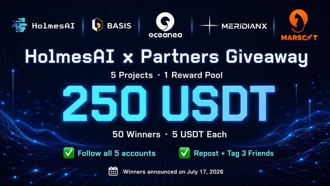 A promotional graphic for the "HolmesAI x Partners Giveaway" featuring logos of HolmesAI, BASIS, Oceanea, MeridianX, and MARS CAT, advertising a 250 USDT prize pool (50 winners × 5 USDT each) for participants who follow all accounts and repost. The image visually reinforces the post's contest details, with winners to be announced on July 17, 2026.
