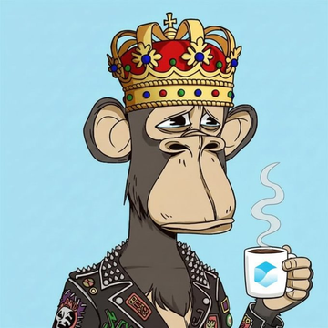 A cartoon monkey wearing a spiked leather jacket and a golden jeweled crown, looking sad while holding a steaming mug of coffee with a blue logo.