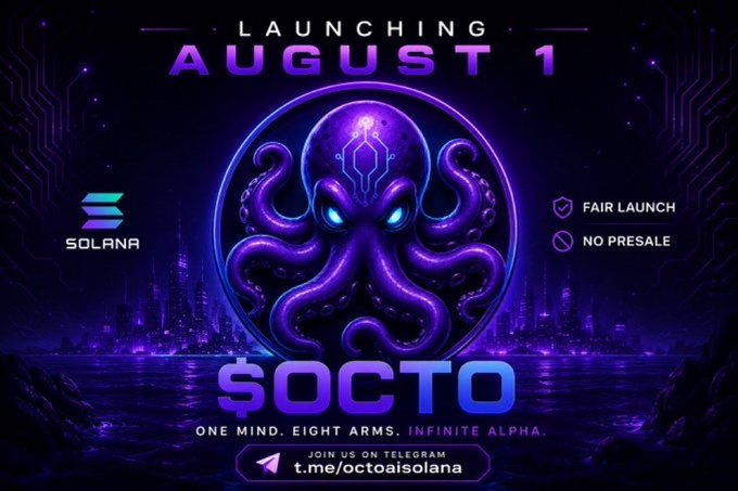 A promotional graphic for the $OCTO token launching August 1 on Solana, featuring a glowing purple cyberpunk octopus with circuit board patterns and the tagline "One Mind. Eight Arms. Infinite Alpha." alongside "Fair Launch" and "No Presale" callouts, with a Telegram link (t.me/oct0aisolana) for community updates matching the post's emphasis on a fair launch, notification announcement, and contract address reveal.
