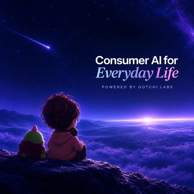 An illustration of a child and a small creature sitting on a cliff overlooking clouds under a starry night sky, with text reading 'Consumer AI for Everyday Life POWERED BY GOTCHI LABS'.