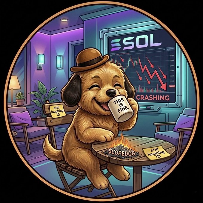 The image features a cartoon dog sitting at a table with a cup of coffee, surrounded by chairs and other objects like a potted plant and a lamp. The caption reads "Perfectly fine. $COPEDOG is the only one not panicking. Join the long-term journey: pump.fun/coin/GpEDdXQs #SOL #ThisIsFine".