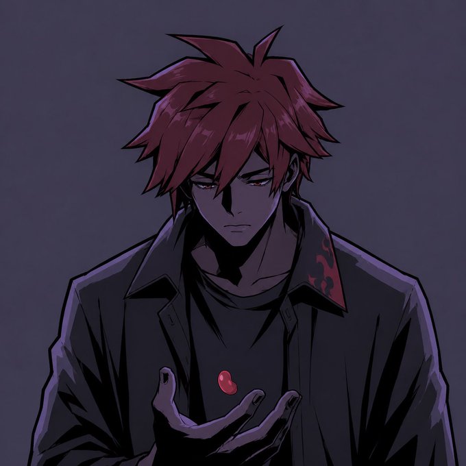 Anime-style illustration of a brooding young man with spiky crimson hair and shadowed eyes, holding a single red bean (azuki) in his outstretched palm, visually echoing the "Azuki" reference through both the character design and the symbolic bean.

No text, numbers, tickers, or names are visible in the image.