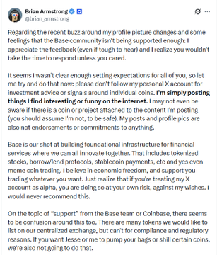 A tweet from Brian Armstrong (@brian_armstrong) about Coinbase's mission, accompanied by a cartoon illustration of blindfolded people touching a Bitcoin-branded elephant, each describing it differently based on their perspective (VCs, Traders, Journalists, etc.).