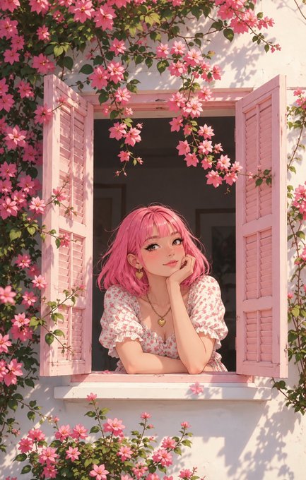 An anime-style illustration of a girl with pink hair and a pink dress leaning on the sill of an open window framed by pink flowers and green vines.