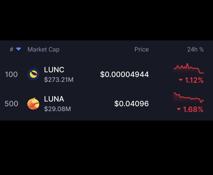 A cryptocurrency market tracker displays LUNC at rank 100 with a market cap of $273.21M and a 1.12% 24-hour decline, alongside LUNA at rank 500 with a $29.08M market cap and a 1.68% drop, illustrating the stark disparity between the two similarly named tokens referenced in the post.