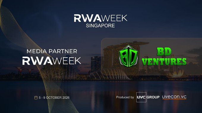A dark cityscape of Singapore with the RWA Week Singapore event branding, featuring "MEDIA PARTNER RWA WEEK" alongside the BD Ventures logo, dated 5-9 October 2026 and produced by UVC Group / UvEcon.vc.