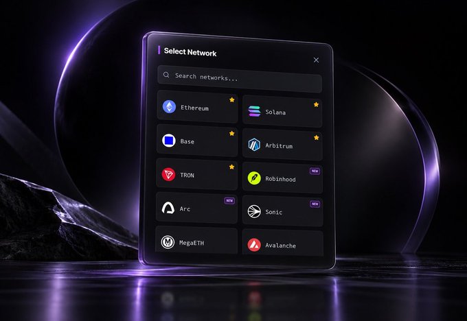 A digital interface showing a 'Select Network' menu with options including Ethereum, Solana, Base, Arbitrum, TRON, Robinhood, Arc, Sonic, MegaETH, and Avalanche against a dark background.