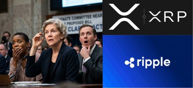 A composite image showing shocked-looking people in a Senate committee hearing on the left, alongside the XRP cryptocurrency logo and the Ripple company logo on the right.