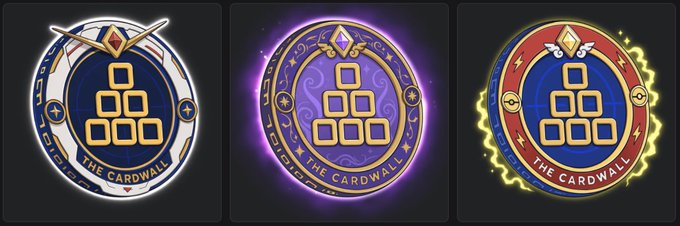 Three circular emblems labeled 'THE CARDWALL' with stacked square icons in their centers; from left to right, they feature silver/white, purple, and red/gold glowing designs.