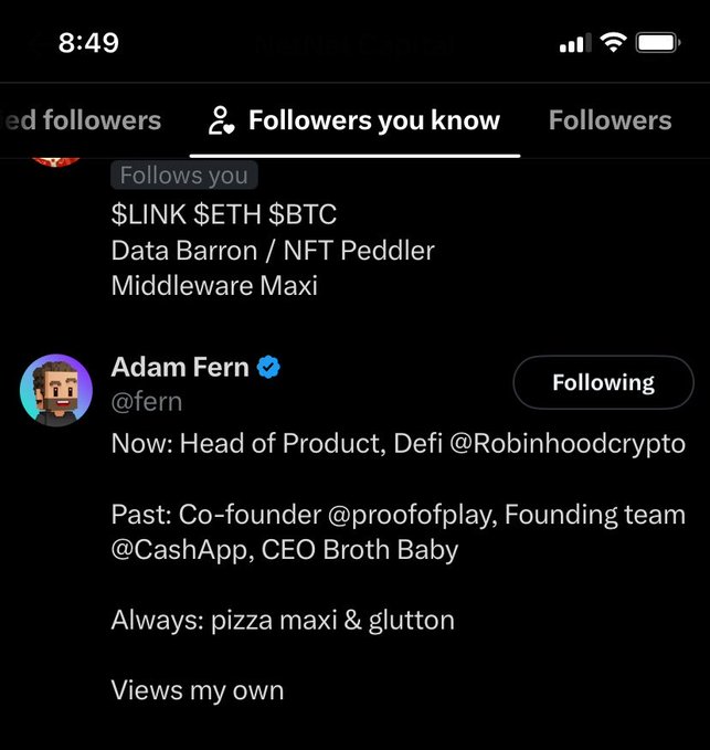 Twitter/X profile showing Adam Fern (@fern) with bio listing him as Head of Product, Defi at Robinhood Crypto, formerly co-founder of Proof of Play and CEO Broth Baby.