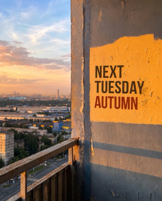 A concrete balcony wall with a yellow painted patch displaying 'NEXT TUESDAY AUTUMN' text, overlooking a cityscape at sunset.