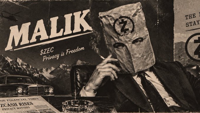 A black-and-white vintage-style image shows a suited figure wearing a paper bag with "Z" printed on it as a mask, smoking a cigarette, set against a backdrop featuring "MALIK" branding, the tagline "$ZEC Privacy is Freedom," and newspaper clippings including a Financial Times headline reading "ZCASH RISES." The image's noir aesthetic and Zcash-themed messaging align with the post's discussion of accumulating the privacy-focused token $ZCAT at favorable market caps.