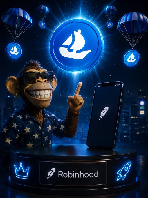 A digital illustration of a grinning monkey wearing sunglasses and a star-patterned shirt pointing upward, next to a smartphone displaying the Robinhood logo, with parachuting tokens above.