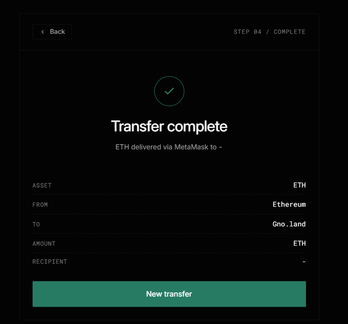 A dark-themed cryptocurrency transfer confirmation screen showing 'Transfer complete' with ETH sent from Ethereum to Gn0.land via MetaMask, displaying transaction details and a green 'New transfer' button.