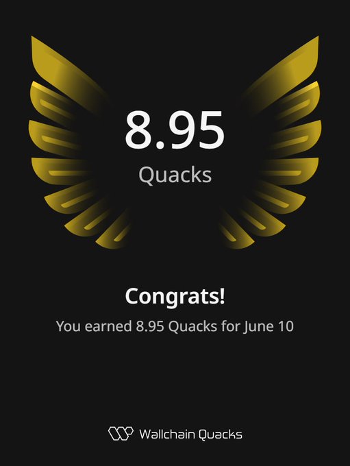 The image shows an award or certificate with gold wings printed on a black background. It appears that someone has won an award for their Quacks content, as indicated by the text "Congratulations! You earned 8.55 Quacks for June 10". The award is presented in a visually appealing manner and highlights the achievement of the creator who posted about their Quacks content.
