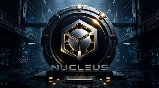 A 3D digital graphic features a hexagonal gold and silver emblem with the word 'NUCLEUS' displayed below it, set within a futuristic, dark metallic environment.