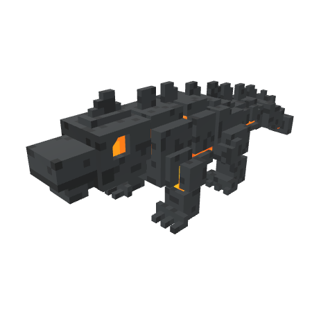 A voxel-style 3D render of a dark, blocky creature resembling a dragon or dinosaur with orange glowing accents on a black background.