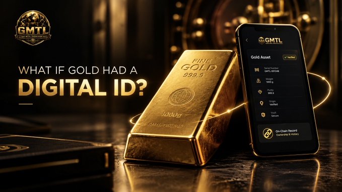 A promotional banner for 'GMTL' with the tagline 'WHAT IF GOLD HAD A DIGITAL ID?' showing a 1000g Fine Gold 999.9 bar next to a smartphone displaying a Gold Asset app interface with verified transaction history.