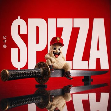 A furry cartoon pizza mascot wearing a red cap with a pizza slice logo stands triumphantly atop two swords against a bold red background featuring the large white text "$PIZZA," visually symbolizing the $PIZZA token's resilient, community-driven fight to grow despite its small market cap.