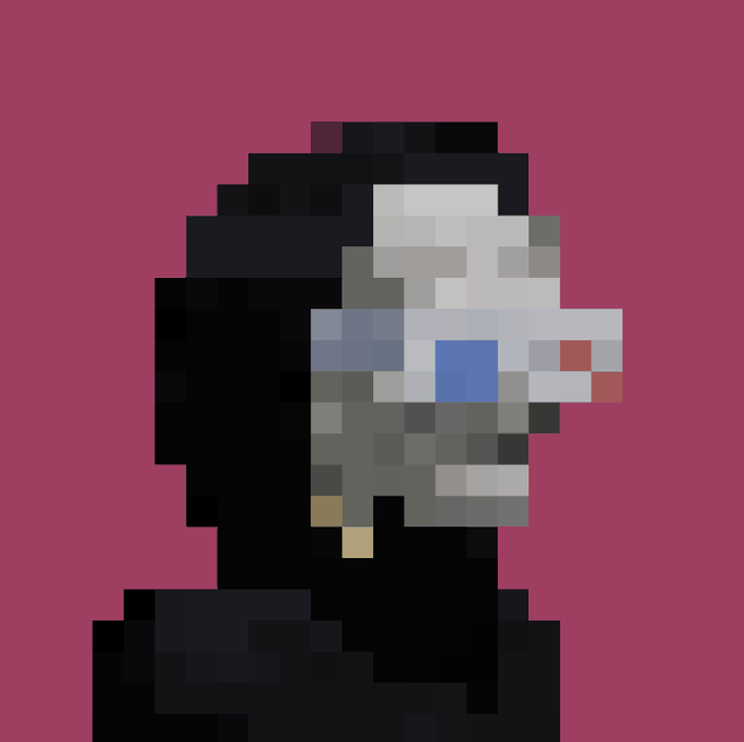 A pixel art portrait of a character with dark hair, glowing white and blue eyes, and red markings on their face, set against a maroon background.