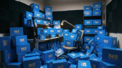 A pile of blue boxes bearing the 'Helium' logo, representing the hardware used in the Helium (HNT) cryptocurrency mining network.
