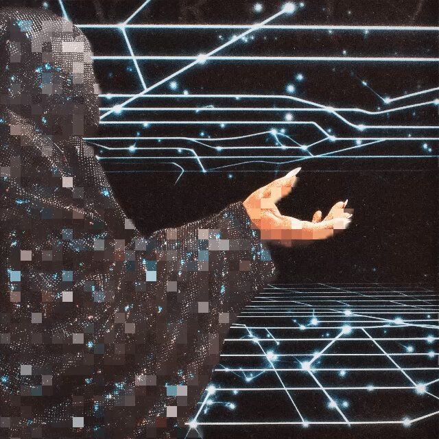 The image features a person wearing a black robe with blue squares, holding out their hand towards the camera. The background of the photo has lines and dots, giving an impression of a starry night sky or a futuristic setting. The caption "Happy Tezos Tuesday everyone!" is written in white text at the bottom right corner of the image.