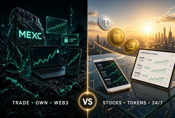 A "MEXC Trade • Own • Web3" promotion featuring green-lit trading interfaces on a laptop and phone beside a dark mountain, contrasted against a "Stocks • Tokens • 24/7" scene showing tokenized stock tickers AAPL (+1.42%), TSLA (+2.35%), and NVDA (+3.17%) with floating crypto and Apple logos over a sunset cityscape. The split visual mirrors the post's premise—bridging traditional finance and crypto by tokenizing recognizable assets like Apple and Tesla to lower the trust barrier for newcomers.