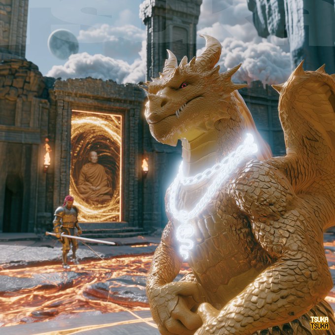 A golden dragon with a glowing white chain necklace stands in a mystical temple with lava on the ground, while a warrior holds a sword in the background near a portal showing a meditating monk. The image is watermarked 'TSUKA TSUKA'.