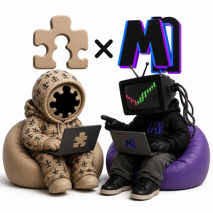 A 3D-rendered promotional image showing two characters sitting on bean bag chairs with laptops—one tan puzzle piece figure and one black TV-headed figure displaying a stock chart—under a puzzle piece logo and stylized "M" logo.