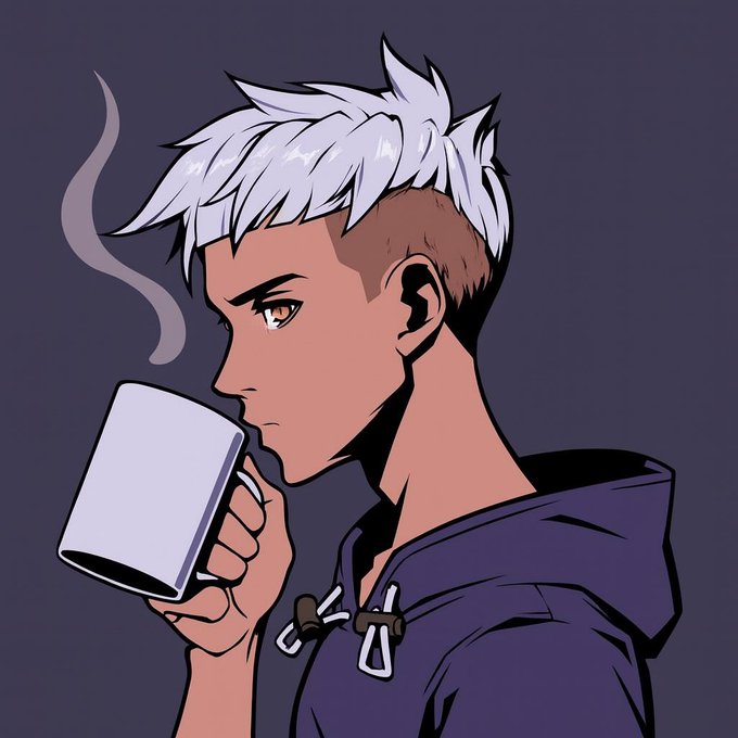 An anime-style illustration of a young man with white hair, orange eyes, and shaved sides, wearing a dark hoodie and holding a steaming white mug in profile view.
