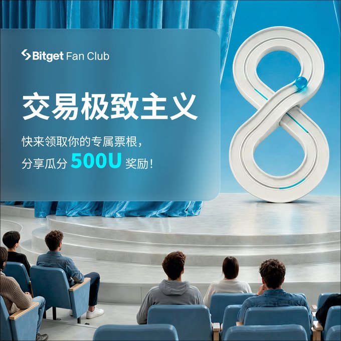 A promotional graphic for "Bitget Fan Club" featuring the Chinese text "交易极致主义" and "快来领取你的专属票根，分享瓜分 500U 奖励！", with an audience watching an infinity symbol on stage.