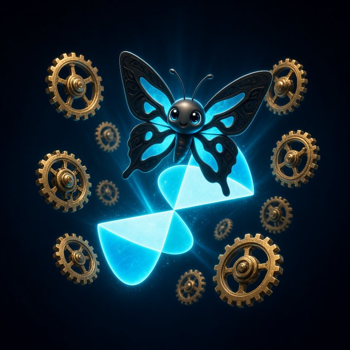 A digital artwork of a cute black butterfly with glowing blue wings surrounded by ornate golden gears on a dark background.