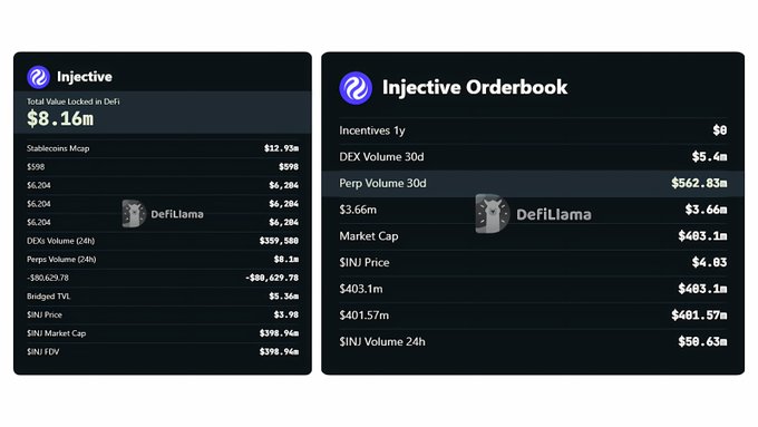 Two dark-themed data panels display cryptocurrency statistics for 'Injective', showing metrics like 'Total Value Locked in DeFi $8.16m', 'Stablecoins Mcap $12.93m', 'INJ Price $3.98', and 'Injective Orderbook' details with 'Perp Volume 30d $562.83m'.