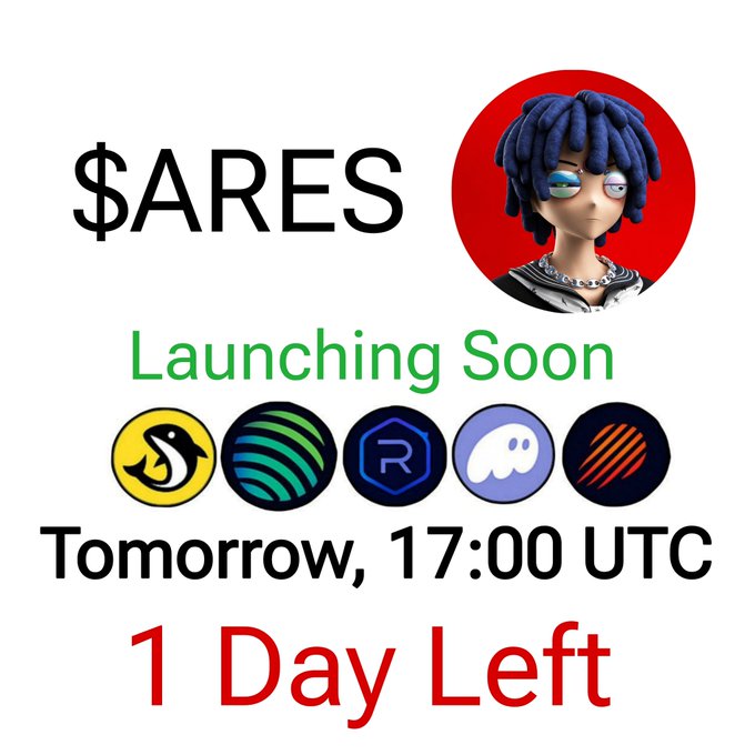 The image is a promotional countdown graphic for "$ARES" featuring a blue-dreadlocked character avatar in a red circle, announcing "Launching Soon" with "1 Day Left" and listing five crypto project logos (including Solana) above the text "Tomorrow, 17:00 UTC."

It directly ties to the airdrop post by visually teasing the imminent $ARES token launch and reinforcing the urgency of the 10,000,000 token airdrop claim, with the Solana logo hinting at the project's blockchain network.