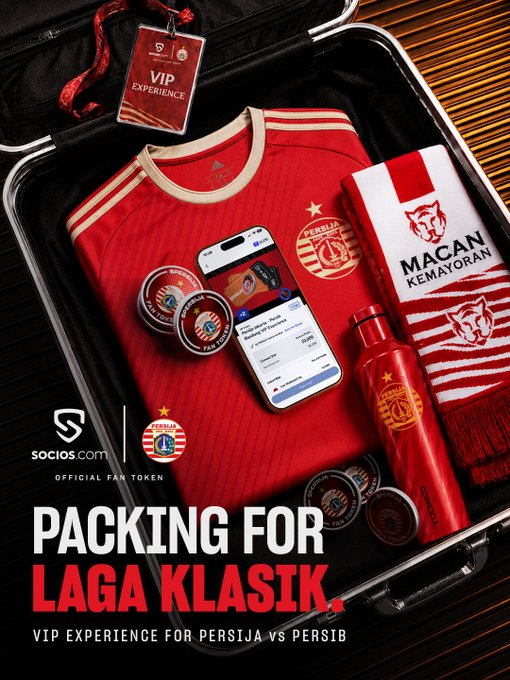 A red suitcase filled with Persija Jakarta fan gear—a team jersey, VIP Experience lanyard, scarf reading "MACAN KEMAYORAN," a phone displaying a Socios.com ticket, and Persija-branded merchandise—advertises a VIP matchday experience for the Laga Klasik against Persib, with "Socios.com | OFFICIAL FAN TOKEN" branding and the caption "PACKING FOR LAGA KLASIK" tying the promotional post's 24-hour VIP ticket offer to the visual of a fan fully equipped for the game.