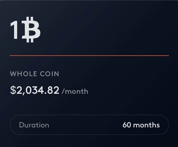 The image shows a financing plan for 1 whole Bitcoin at $2,034.82/month over a 60-month term, suggesting Bitcoin's price would exceed $122,089 ($2,034.82 × 60) by the end of the loan to be profitable. The graphic illustrates the post's argument that buying Bitcoin on a payment plan is akin to financing a house—only worthwhile if you believe the asset's price will rise significantly above the total financed cost over time.