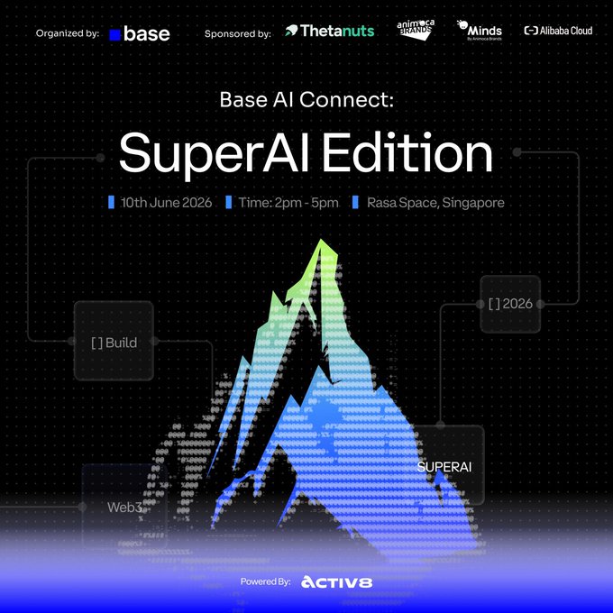 The image features a poster with a mountain-like design at its center, surrounded by blue dots. The text on the poster reads "Base AI Edition Superal Edition". Below this title, there are two dates listed - 10th June 2026 and 10th June 2016. Additionally, there is a list of speakers for an upcoming event called "Superai_conf", which includes @base, @alibaba_cloud, and @animal_cows.