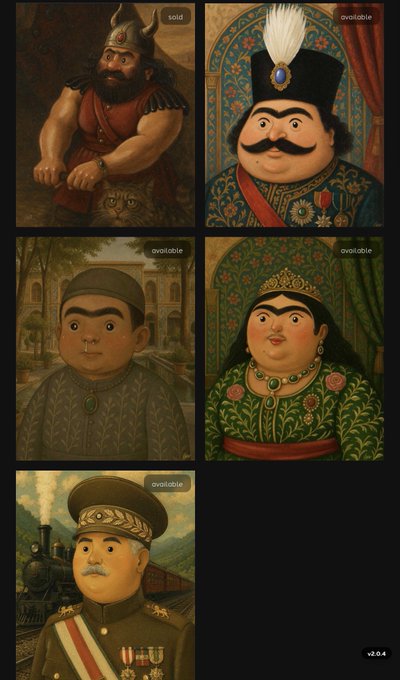 A grid of five character portraits featuring a distinctive art style with exaggerated facial features, labeled with statuses 'sold' and 'available', and version 'v2.0.4'. The characters include a viking warrior, a mustachioed figure in royal attire, and others in ornate clothing.
