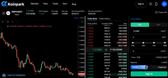 A screenshot of the Koinpark cryptocurrency exchange showing a trading chart for the XRP/USDT pair with a price of 1.01980, including order book data and a buy/sell interface.
