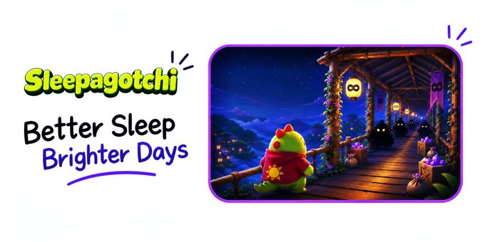 Promotional graphic for 'Sleepagotchi' with the tagline 'Better Sleep Brighter Days,' showing a green creature in pajamas overlooking a whimsical nighttime bridge scene.