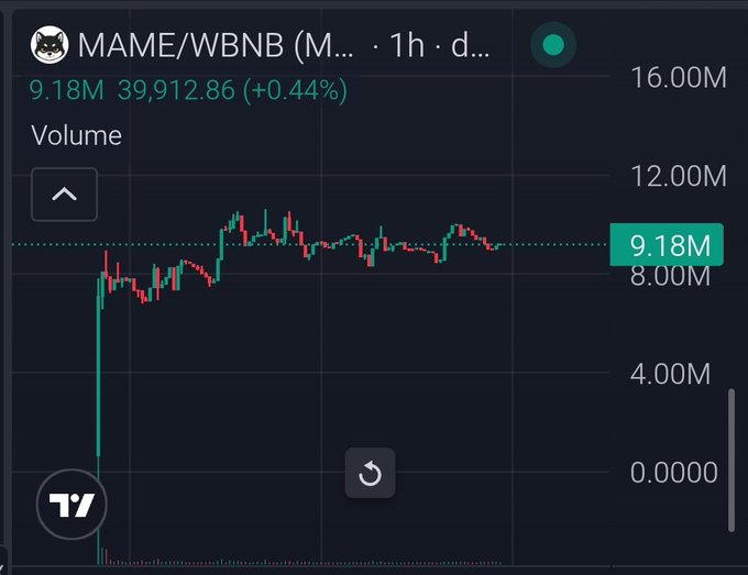 The image displays a TradingView candlestick chart for the MAME/WBNB trading pair on a 1-hour timeframe, showing a current volume of 9.18M and price at 39,912.86 (+0.44%), illustrating the steady upward price action and growing trading activity referenced in the post about MAME's slow but promising progress.