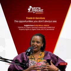 A woman speaks into a microphone for an "AFCFTA Podcast" episode titled "Trade in Services: The opportunities you don't always see," with season branding "Season 1 - Episode 04."