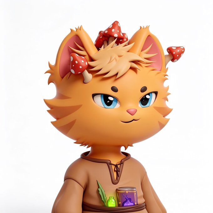 A 3D-rendered cartoon orange cat character with mushrooms growing on its head, wearing a brown outfit with potion bottles in a belt pouch.